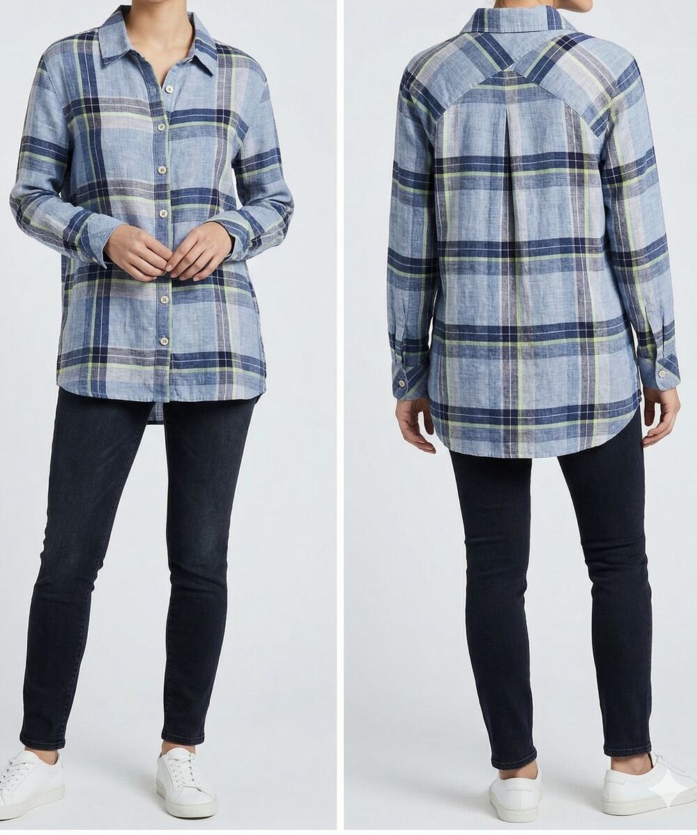 Habitat Womens Medium Blue Plaid Button Front Shirt Linen Cotton Blend